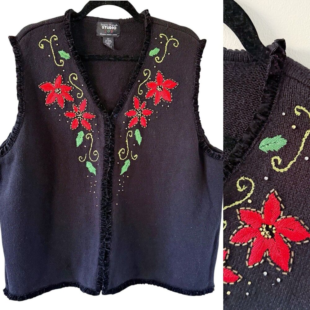 Designer Originals Embroidery Poinsettia Christmas Cardigan Sweater Vest 2X